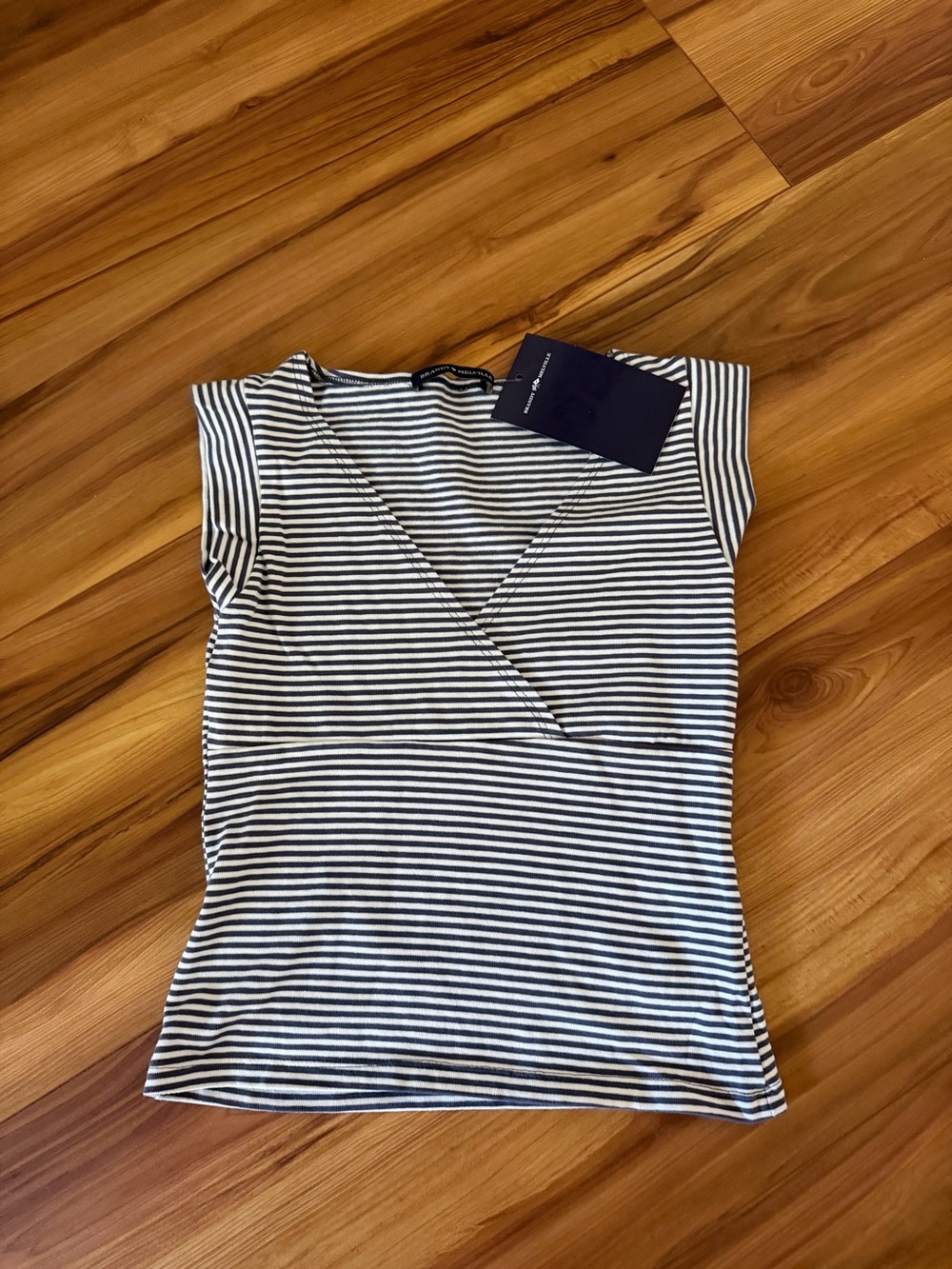 Brandy Melville Navy & White Striped V-Neck Cap Sleeve Top